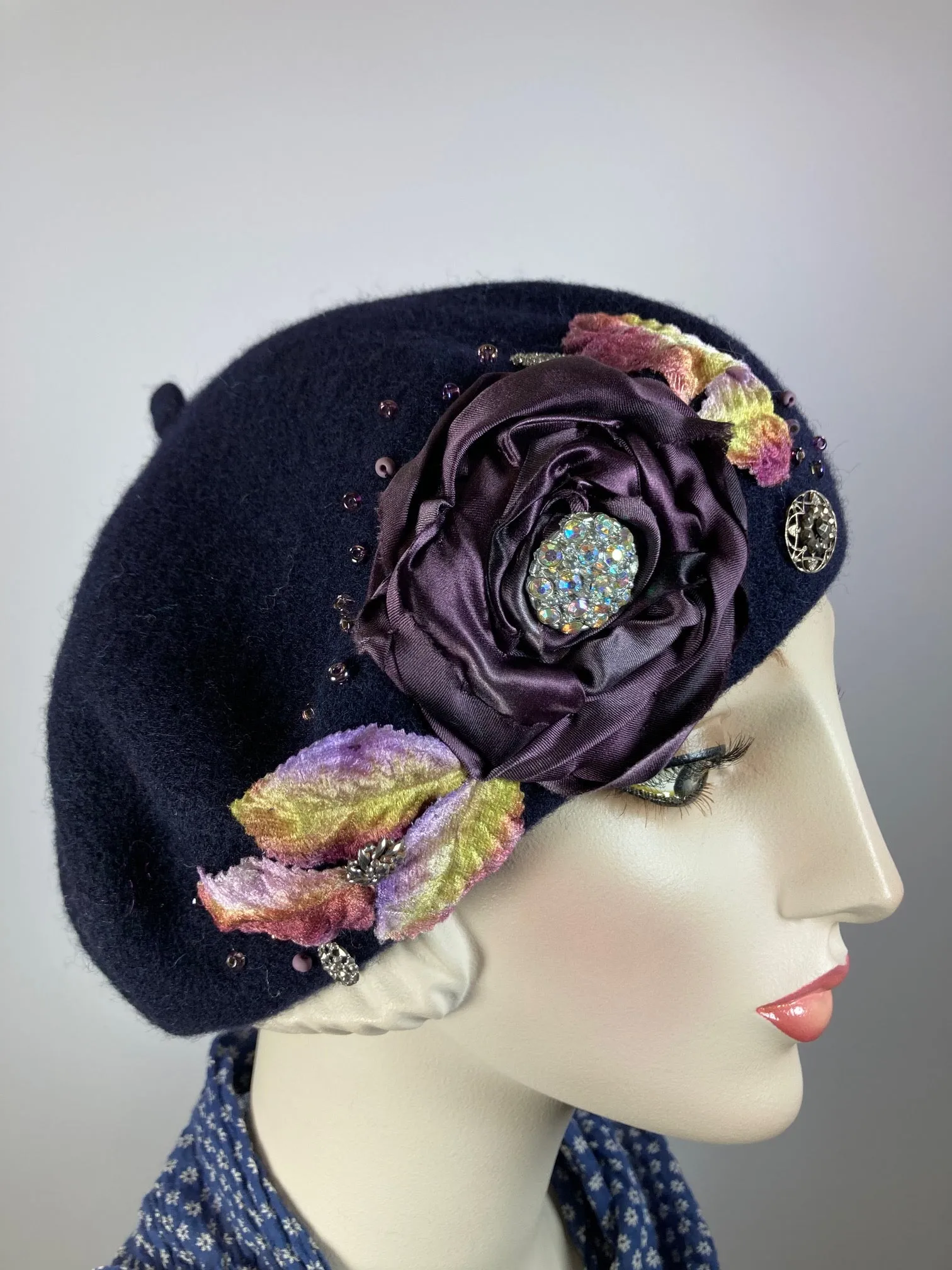 Womens Navy French Beret Hat. Felted Wool tam hat. Womens fancy soft Casual Hat. Classic embellished beret for women. Warm travel hat tam.