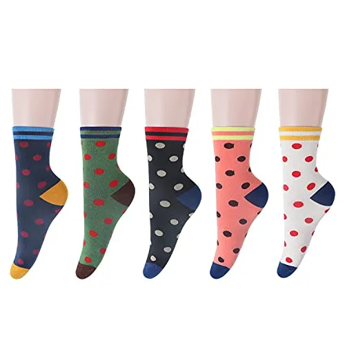 Womens Novelty Funny Crew Socks Girls Cute Floral Colorful Patterned Socks Silly Funky Casual Cotton Flower printed Socks Gift，5 Pack-polka Dot