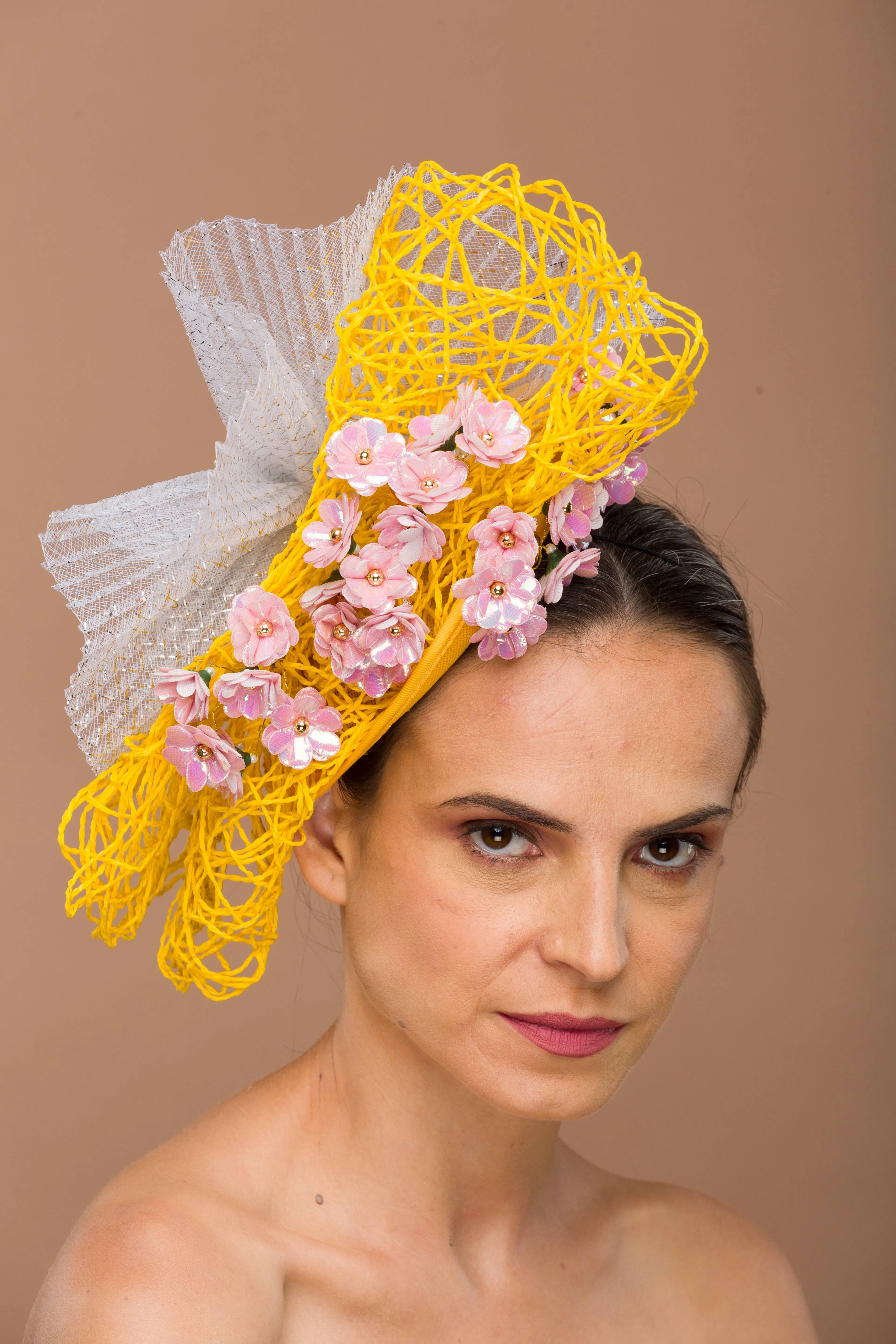Yellow Fascinator With Pink shimmer (Isolde)