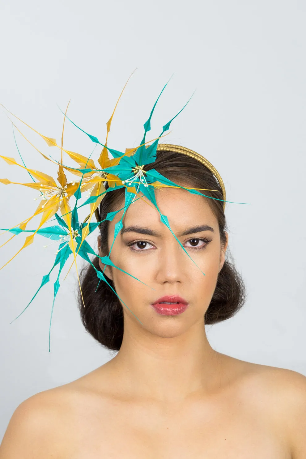 ZOE: Mustard and Sky Blue Feather Flower Headpiece